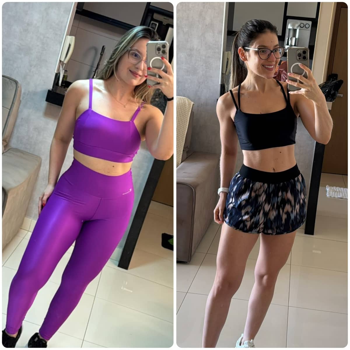Antes e depois de uma aluna da Jéssica: duas fotos no espelho, lado a lado